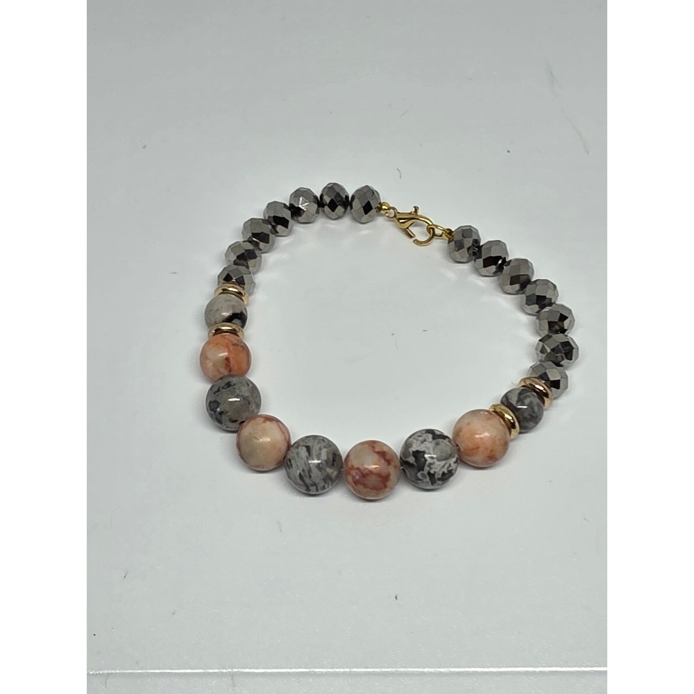 Beaded Bracelet Faceted Crystal & Jasper Stone Accents Gold Clasp